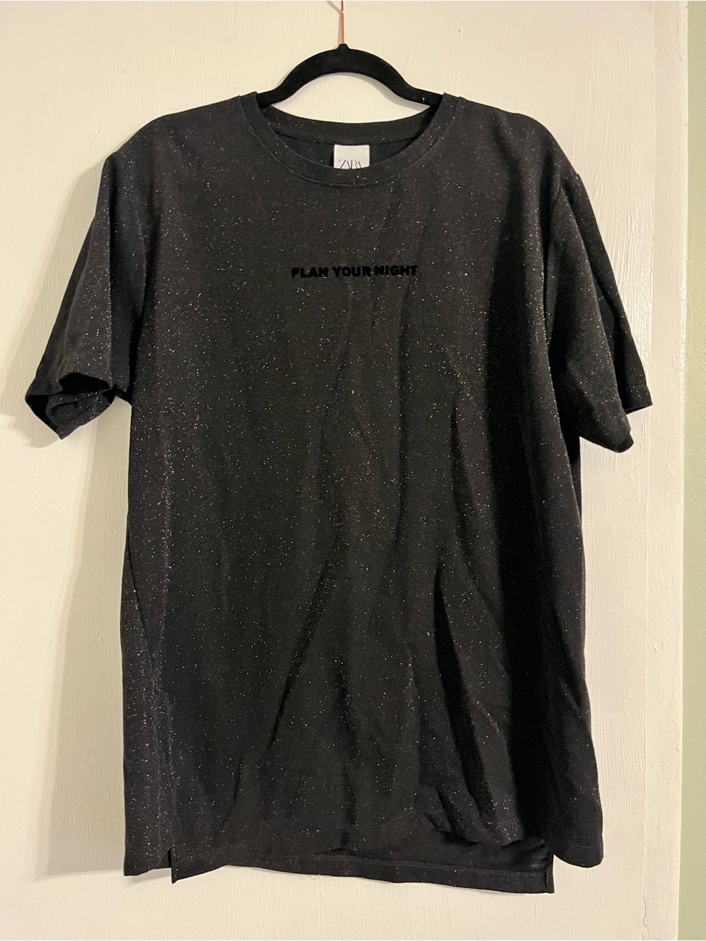 Zara Black Glitter Graphic Tee - 'Plan Your Night'